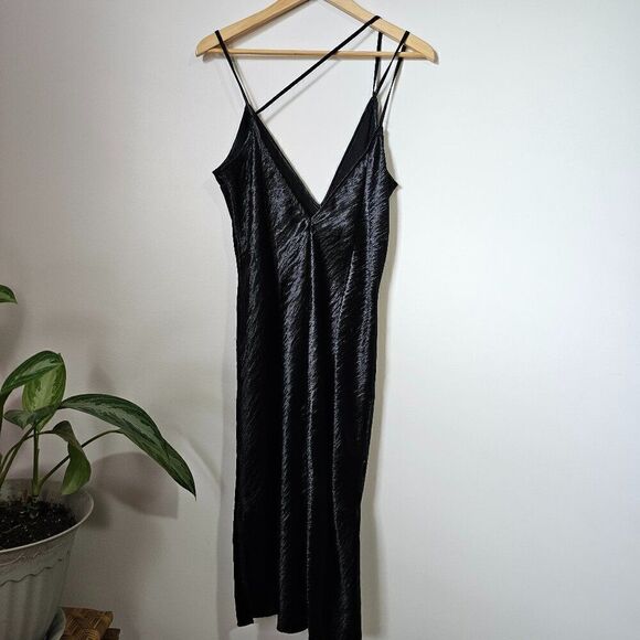 Express Dresses & Skirts - EUC EXPRESS BLACK SATIN FEEL DEEP V NECK SPAGHETTI STRAP MIDI DRESS SIZE 14